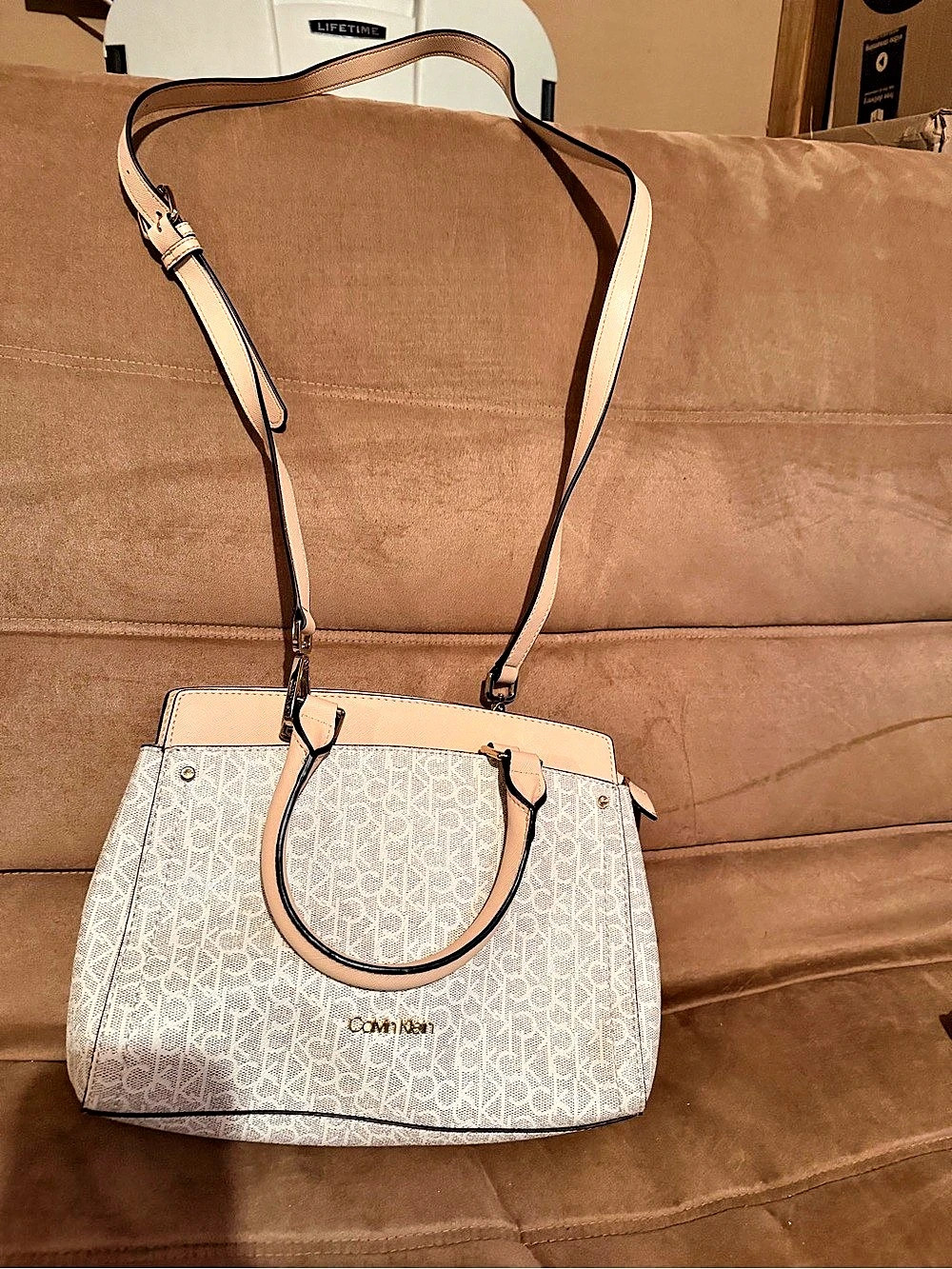 Calvin Klein Monogram Satchel in White & tan